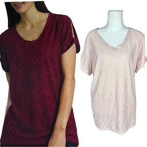 PEACE & PEARLS: NWT Textured Short Sleeve Open Shoulder Pink Shirt -Size XL